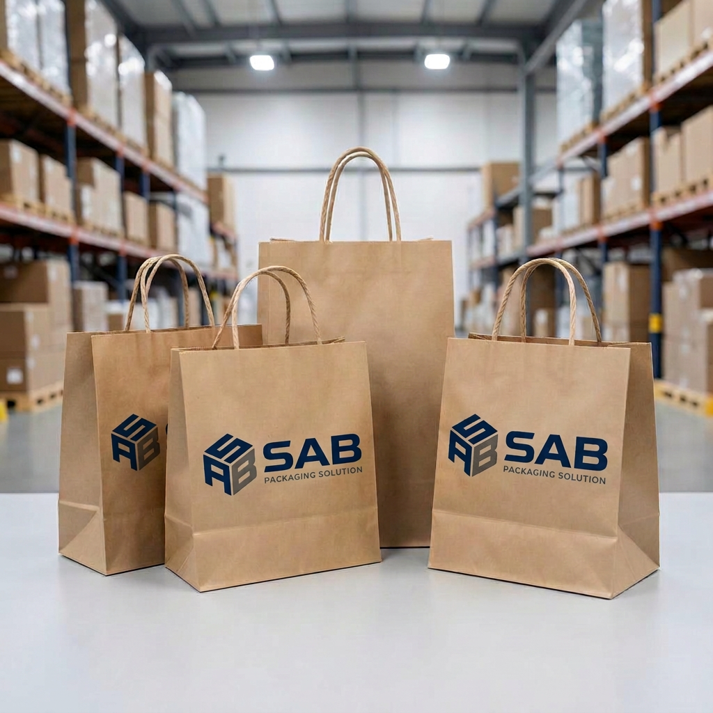 Kraft paper shopping bags with twisted handles printed with the SAB logo