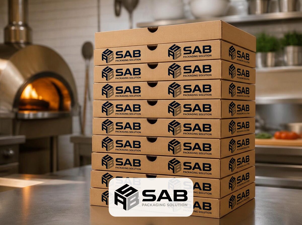 Stack of kraft corrugated pizza boxes in a professional pizzeria kitchen